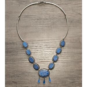 Vintage Alpaca Silver & Crushed Blue Stone Chain Link Dangle Statement Necklace